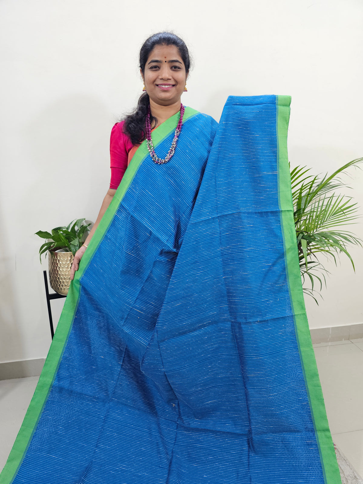 Ghicha Cotton Thread Weaving Saree -Blue with Green