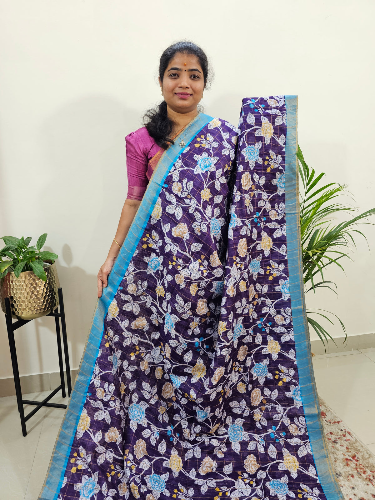 Tussar by Cotton Kalamkari- Violet with Blue