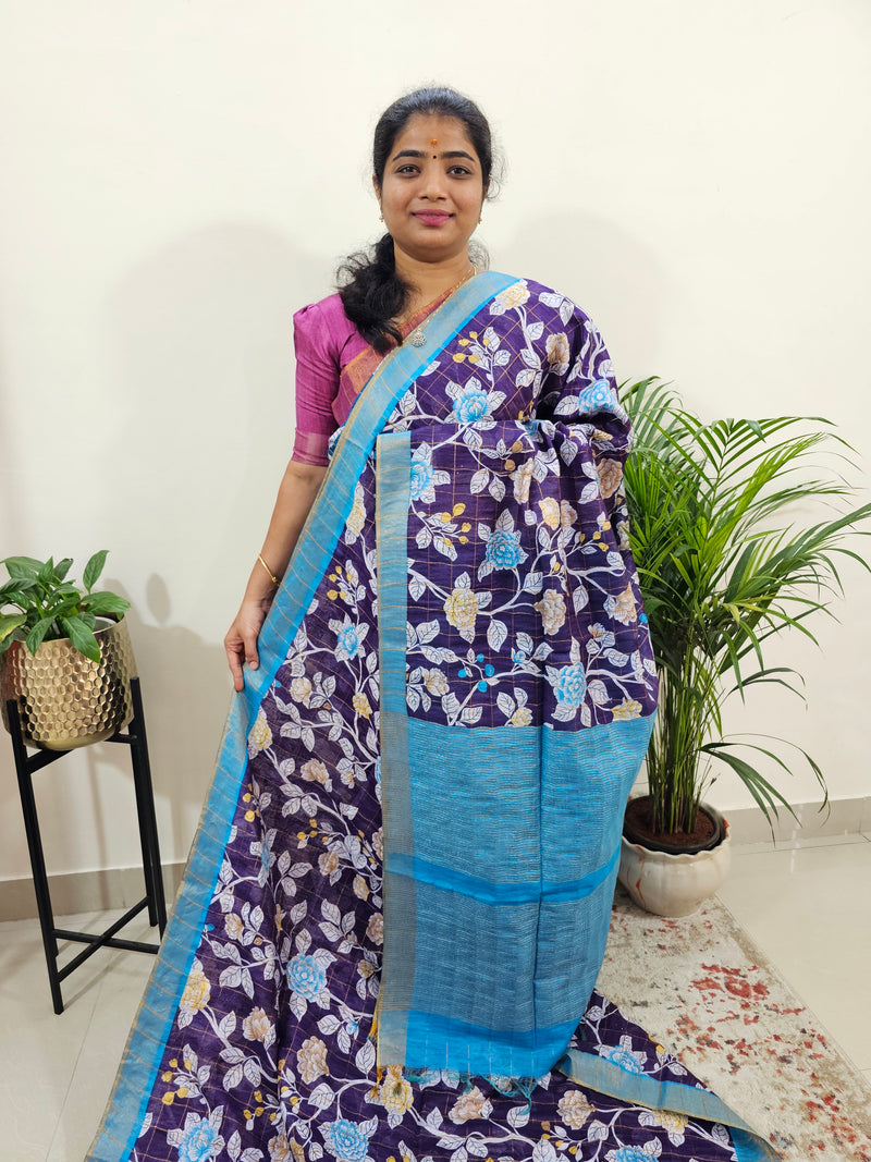 Tussar by Cotton Kalamkari- Violet with Blue