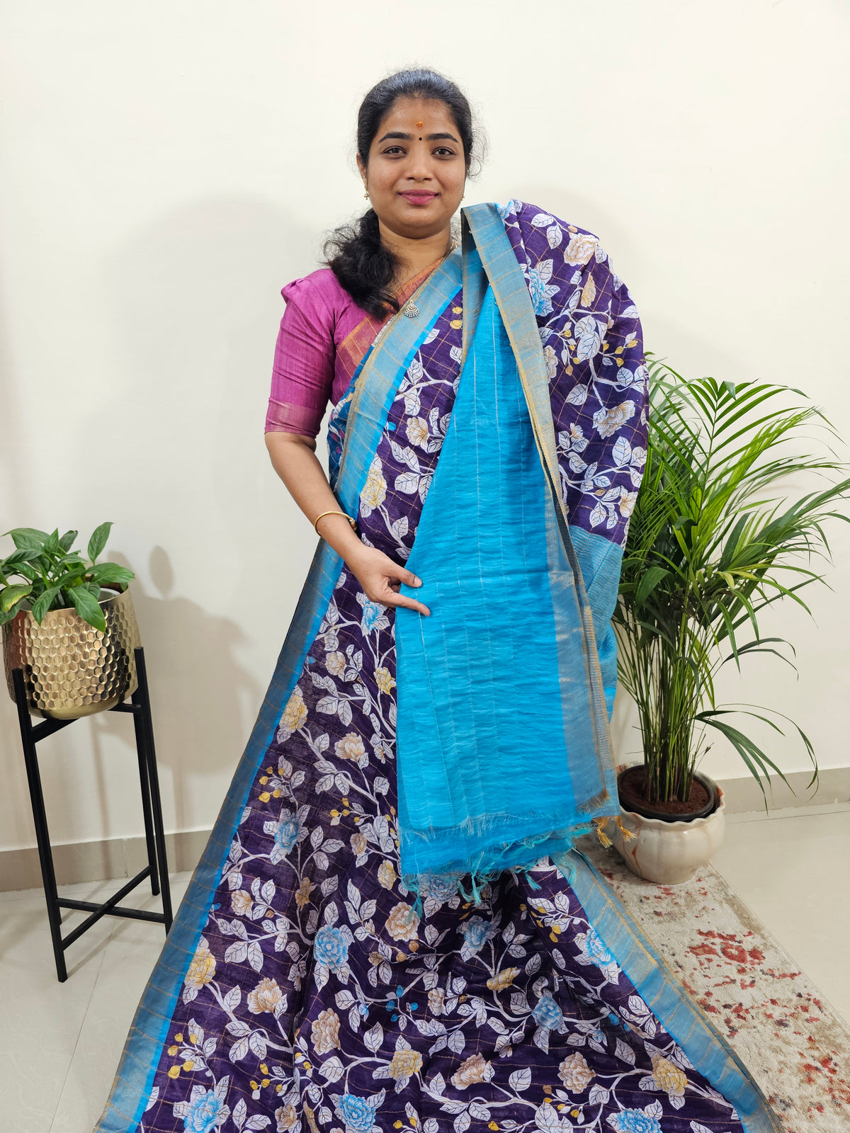 Tussar by Cotton Kalamkari- Violet with Blue