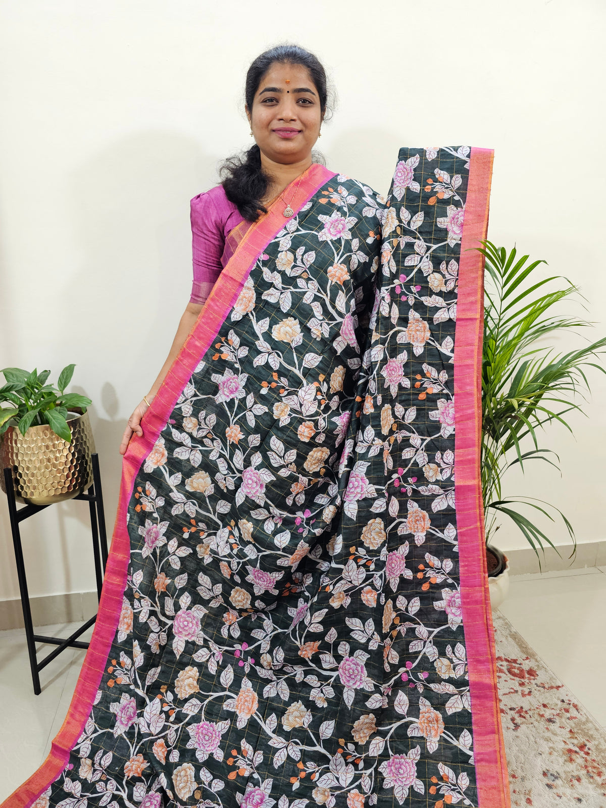 Tussar by Cotton Kalamkari- Black with Pink