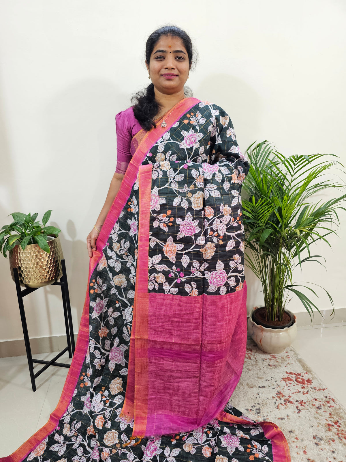 Tussar by Cotton Kalamkari- Black with Pink