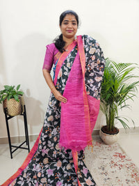 Tussar by Cotton Kalamkari- Black with Pink