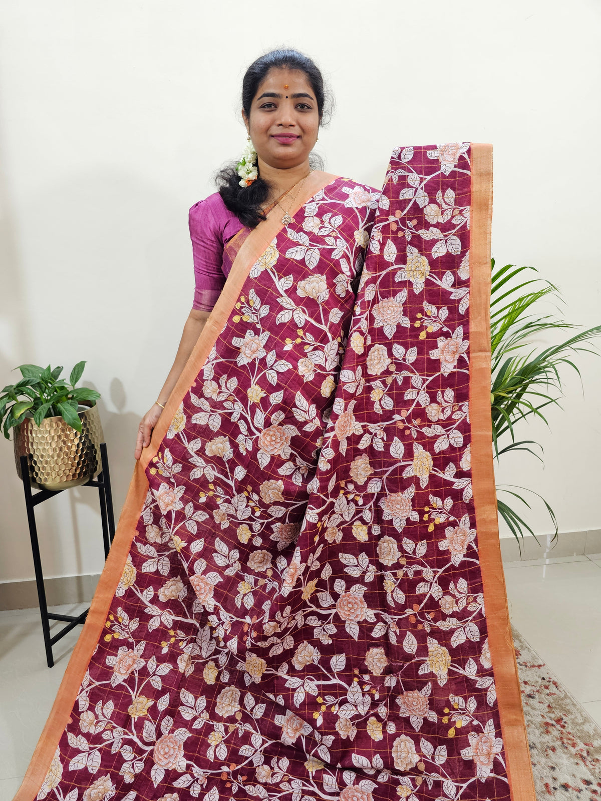 Tussar by Cotton Kalamkari- Maroon with Orange