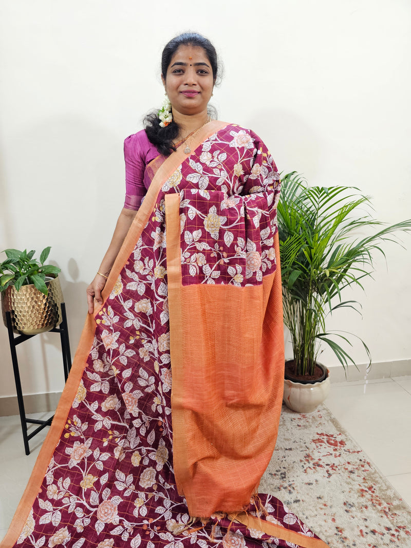 Tussar by Cotton Kalamkari- Maroon with Orange