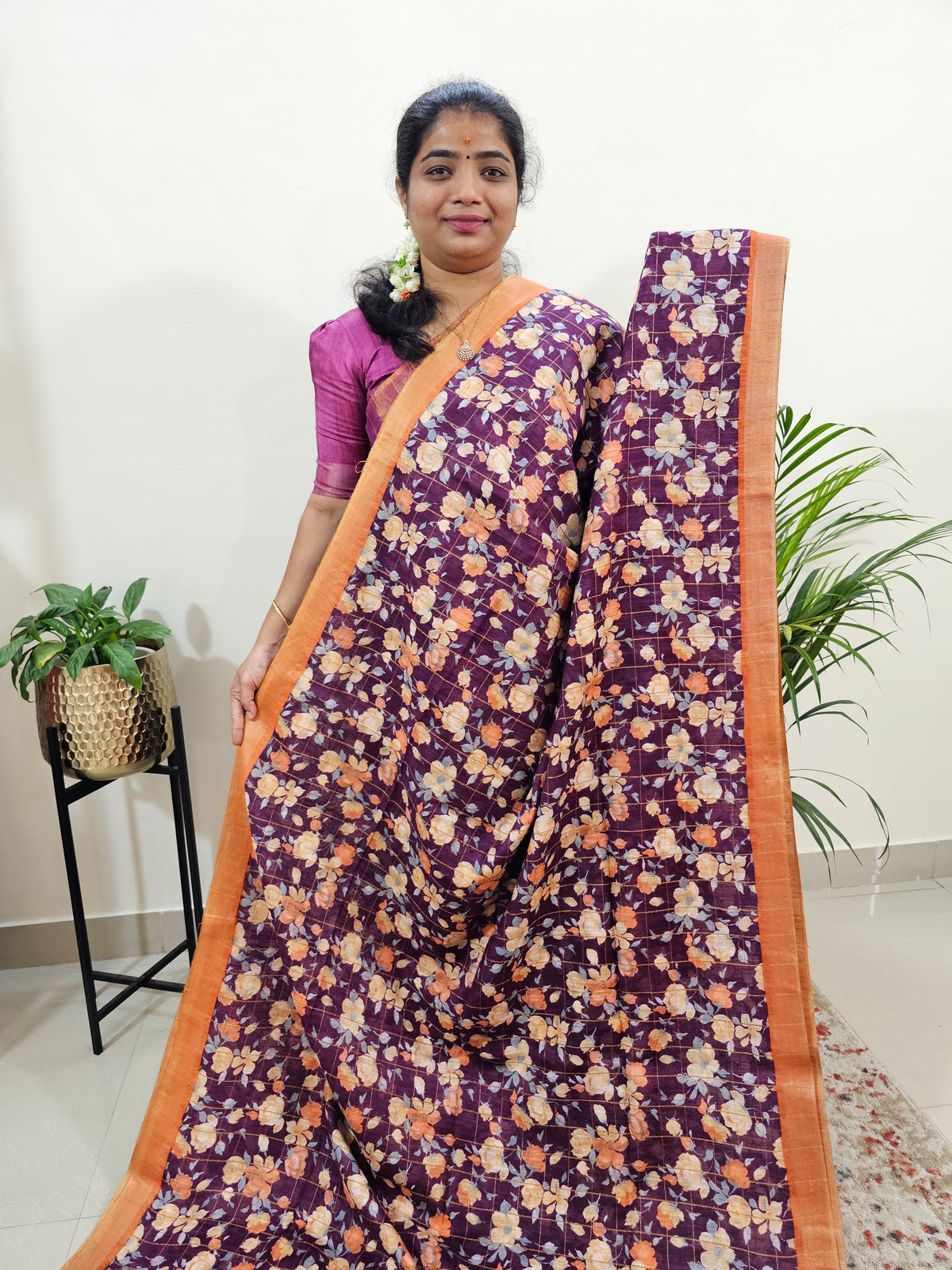 Tussar by Cotton Kalamkari- Dark Purple with Orange