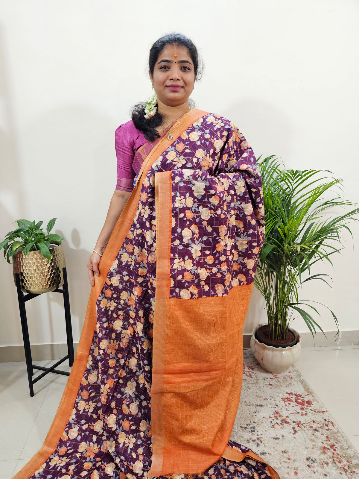 Tussar by Cotton Kalamkari- Dark Purple with Orange