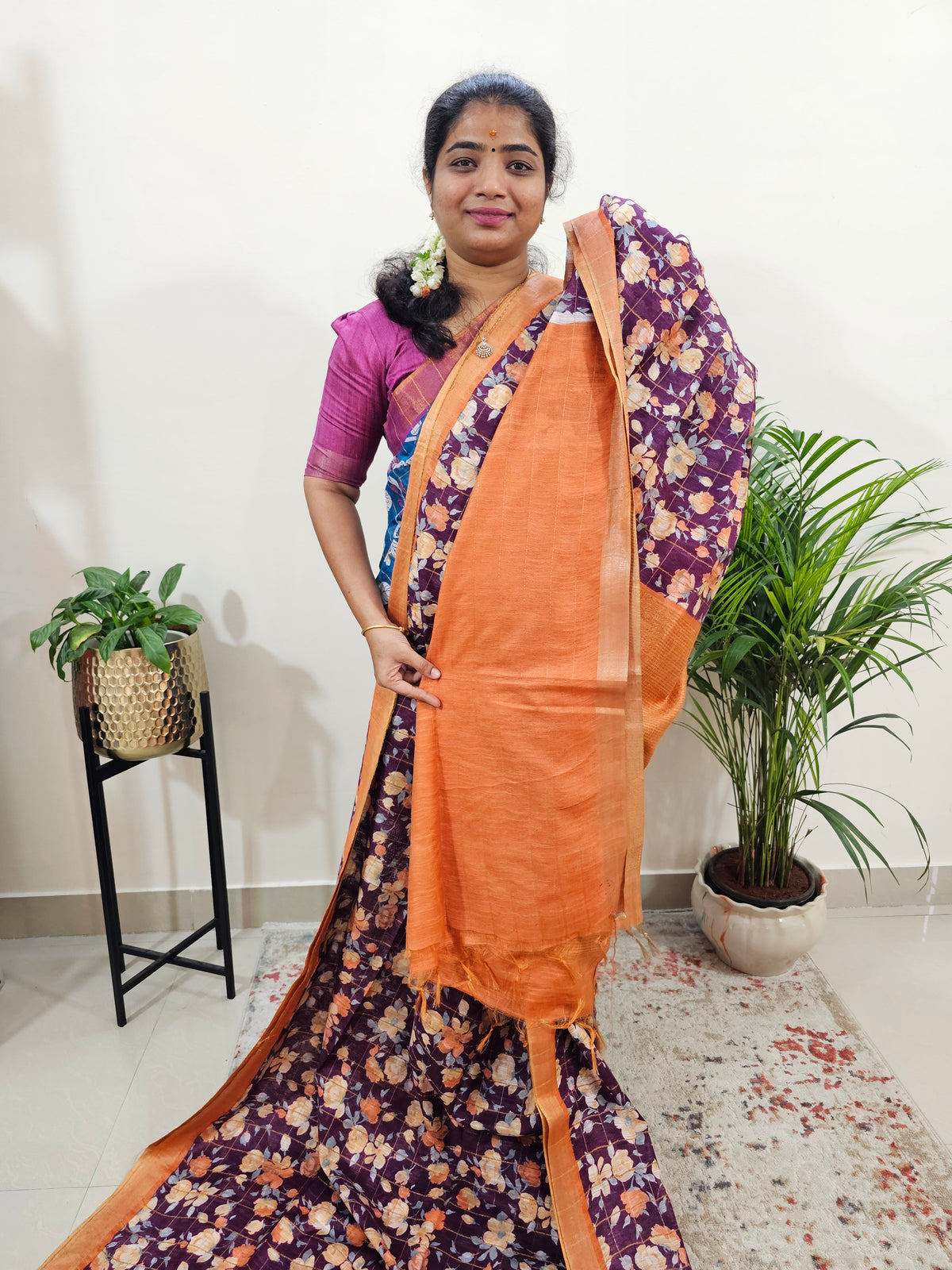 Tussar by Cotton Kalamkari- Dark Purple with Orange