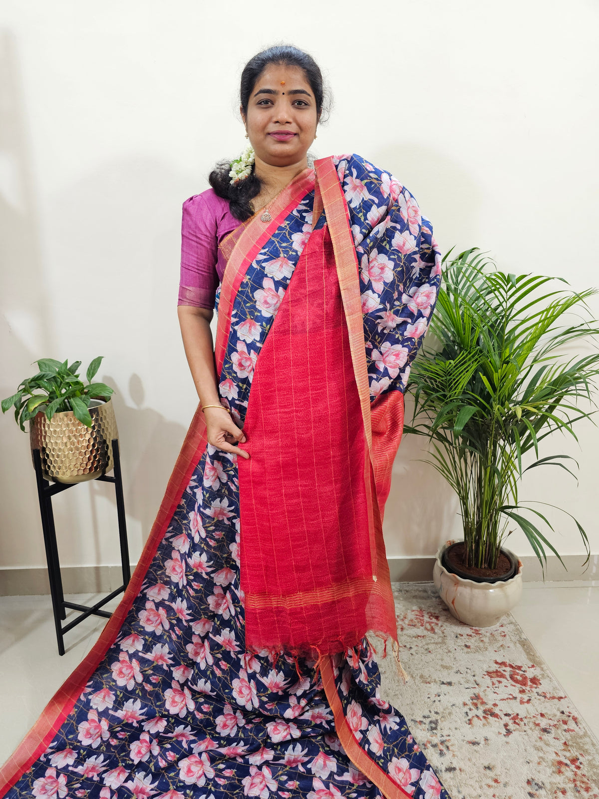 Tussar by Cotton Kalamkari- Dark  Blue with Red