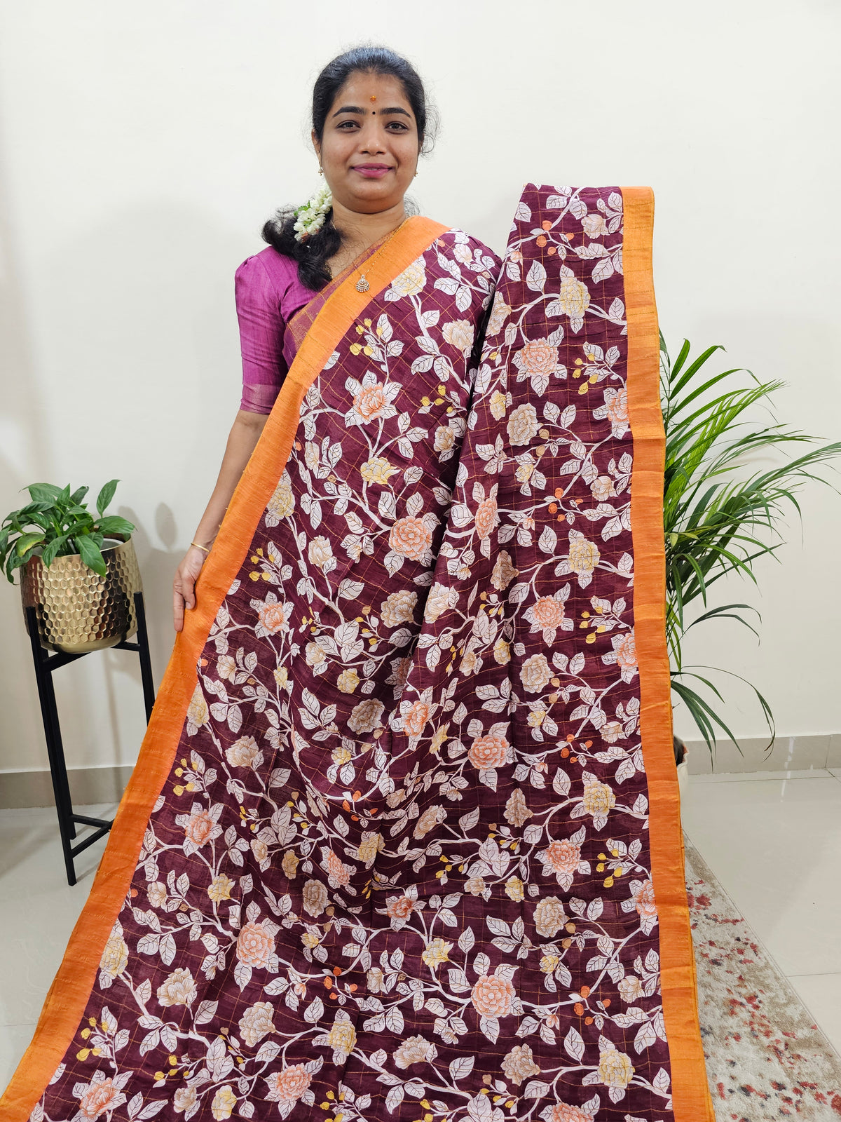 Tussar by Cotton Kalamkari- Maroon with Dark Orange