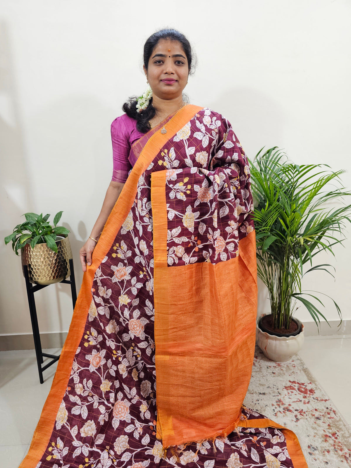 Tussar by Cotton Kalamkari- Maroon with Dark Orange