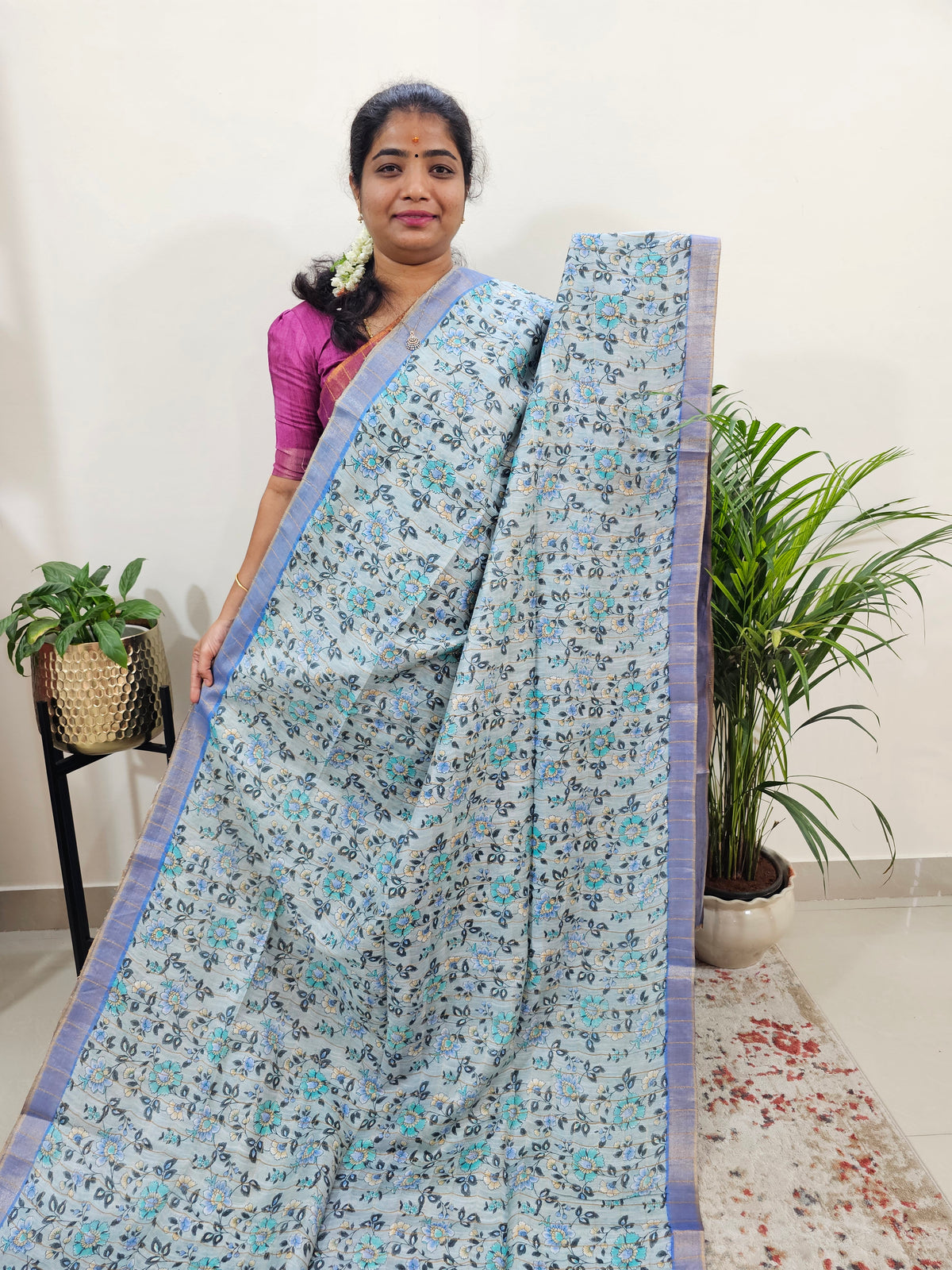 Tussar by Cotton Kalamkari- Grey with Violet Shade