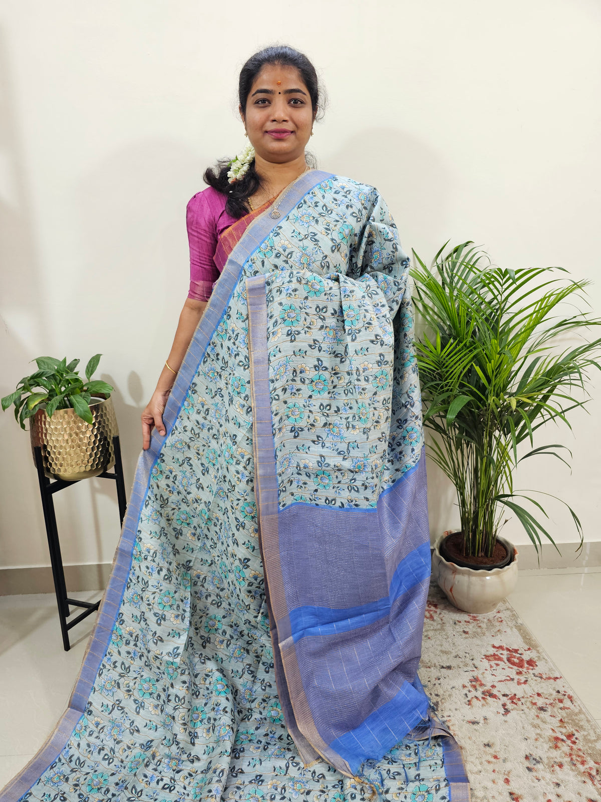 Tussar by Cotton Kalamkari- Grey with Violet Shade