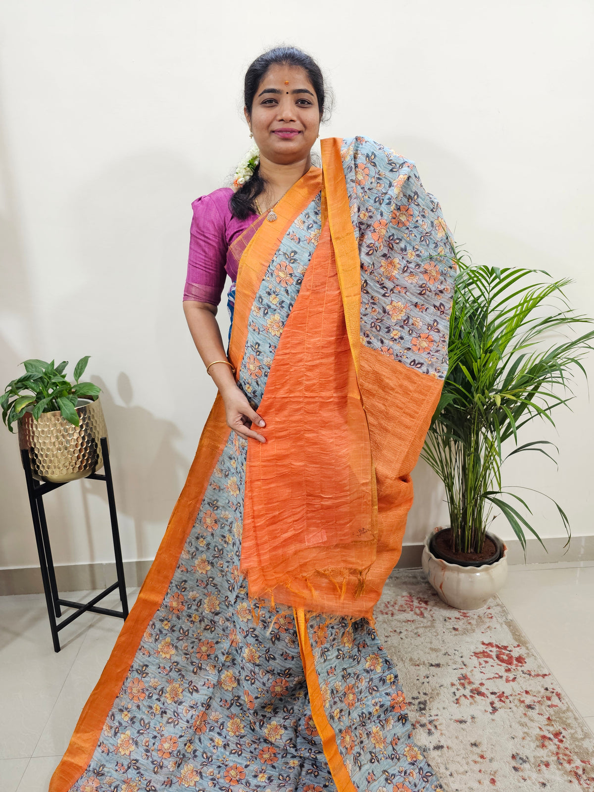 Tussar by Cotton Kalamkari- Grey with Orange