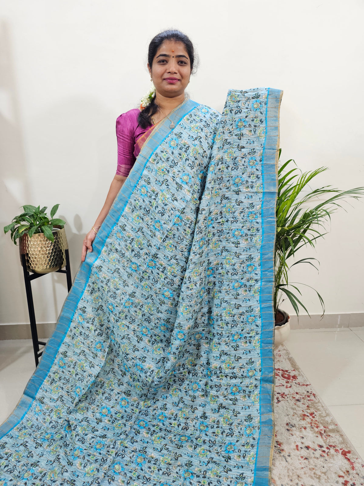 Tussar by Cotton Kalamkari- Grey with Blue