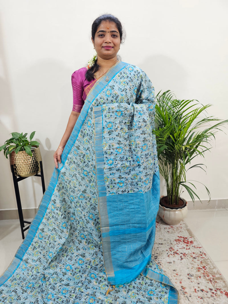 Tussar by Cotton Kalamkari- Grey with Blue