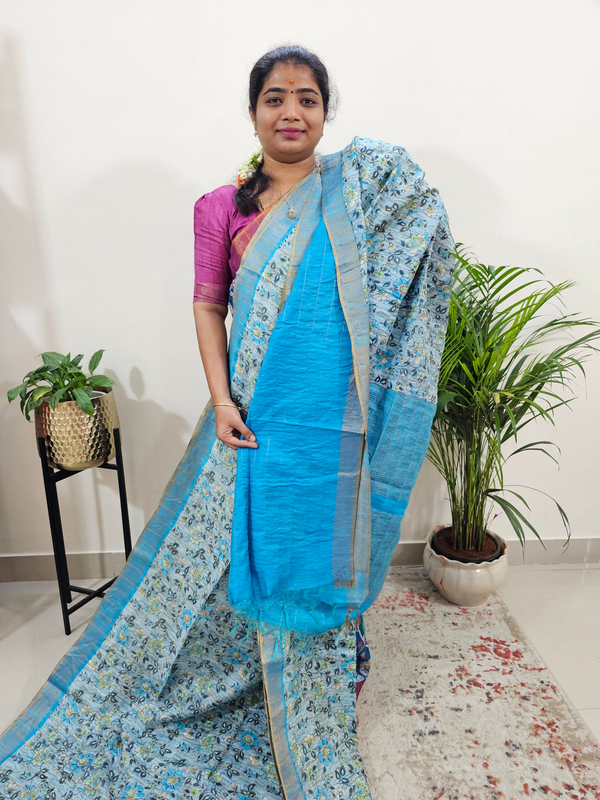 Tussar by Cotton Kalamkari- Grey with Blue