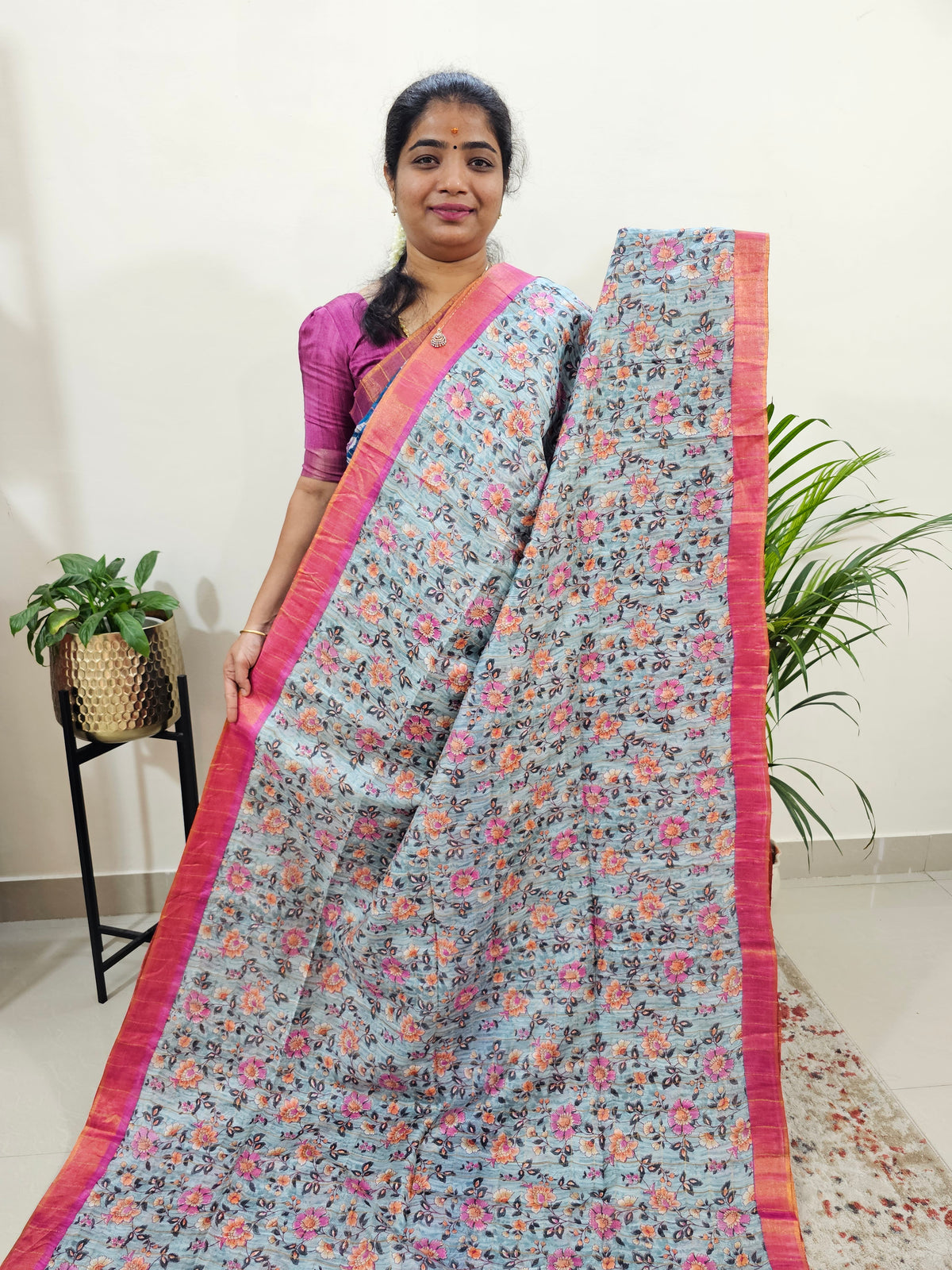 Tussar by Cotton Kalamkari- Grey with Pink