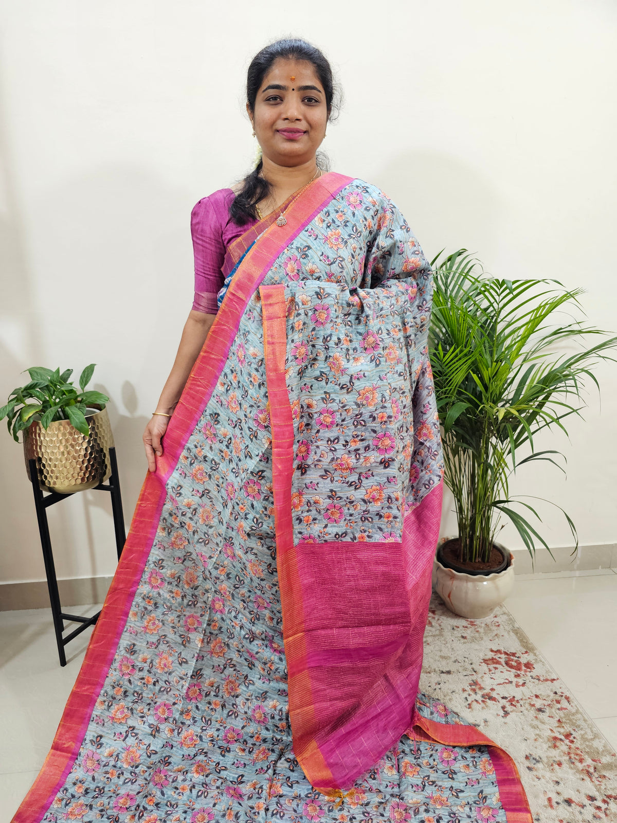 Tussar by Cotton Kalamkari- Grey with Pink