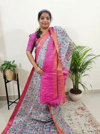 Tussar by Cotton Kalamkari- Grey with Pink