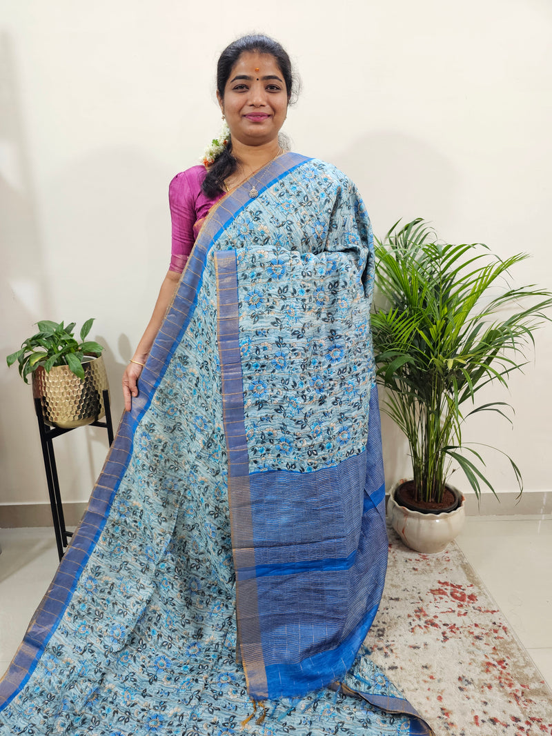 Tussar by Cotton Kalamkari- Grey with Blue