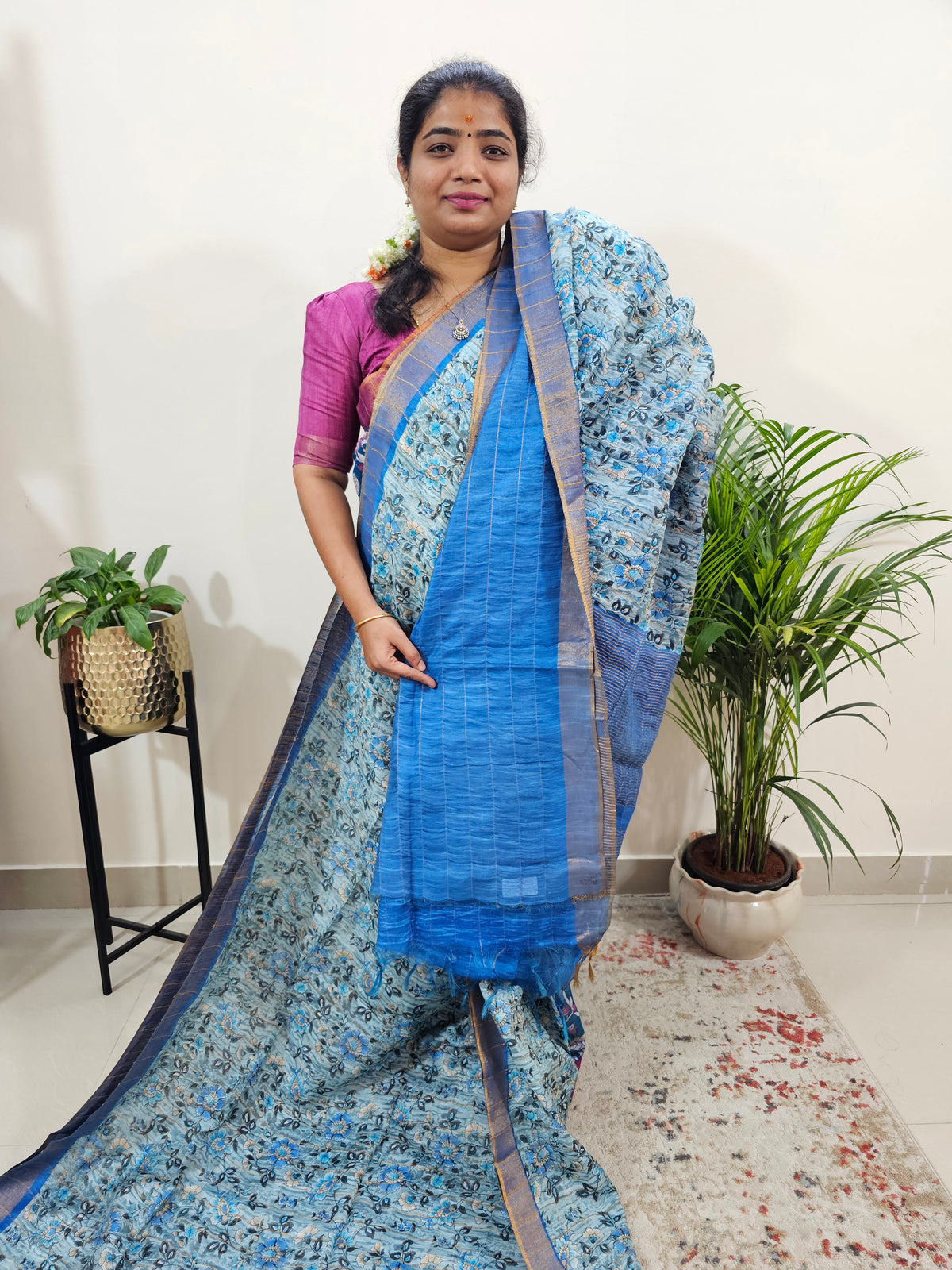 Tussar by Cotton Kalamkari- Grey with Blue