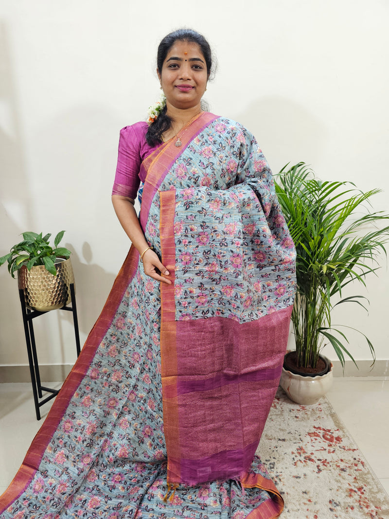 Tussar by Cotton Kalamkari- Grey with Pink