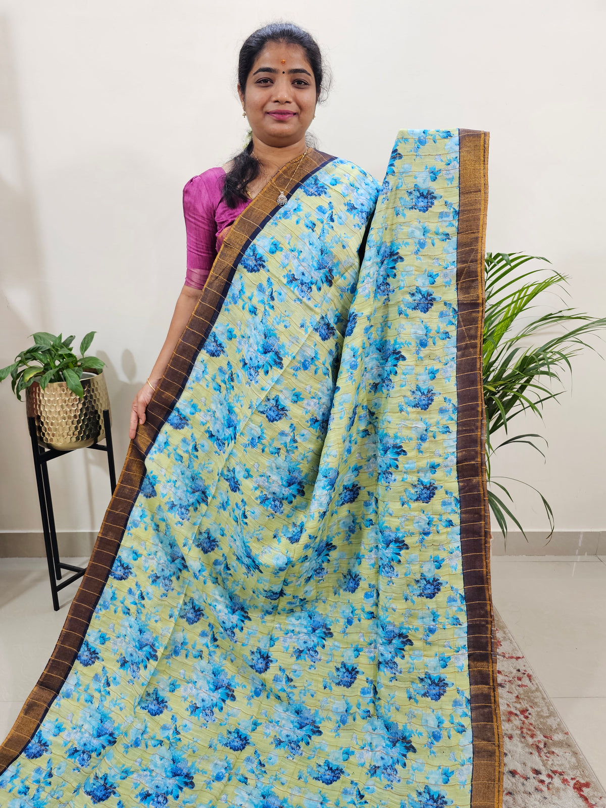 Tussar by Cotton Kalamkari- Yellow with Blue