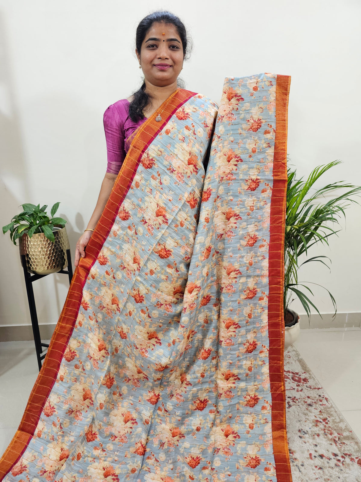 Tussar by Cotton Kalamkari- Grey with Red