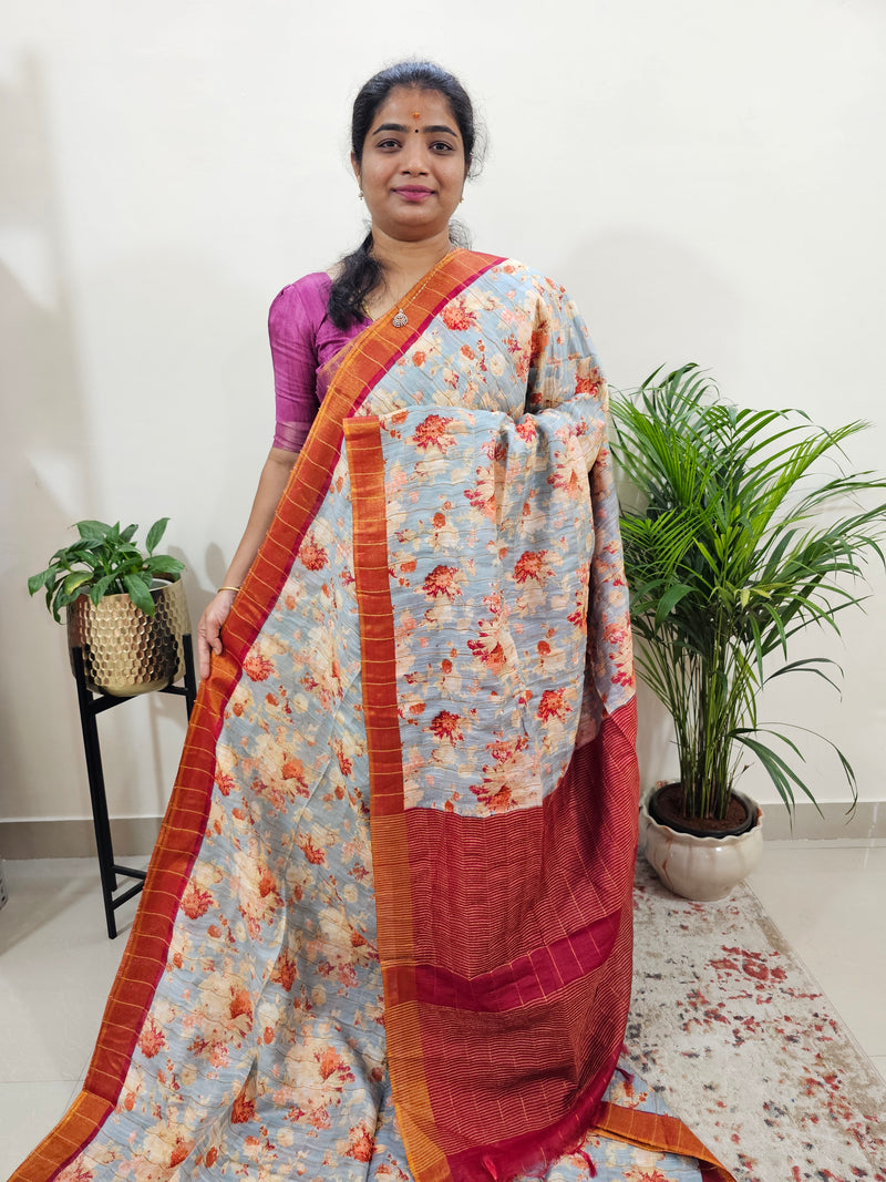 Tussar by Cotton Kalamkari- Grey with Red