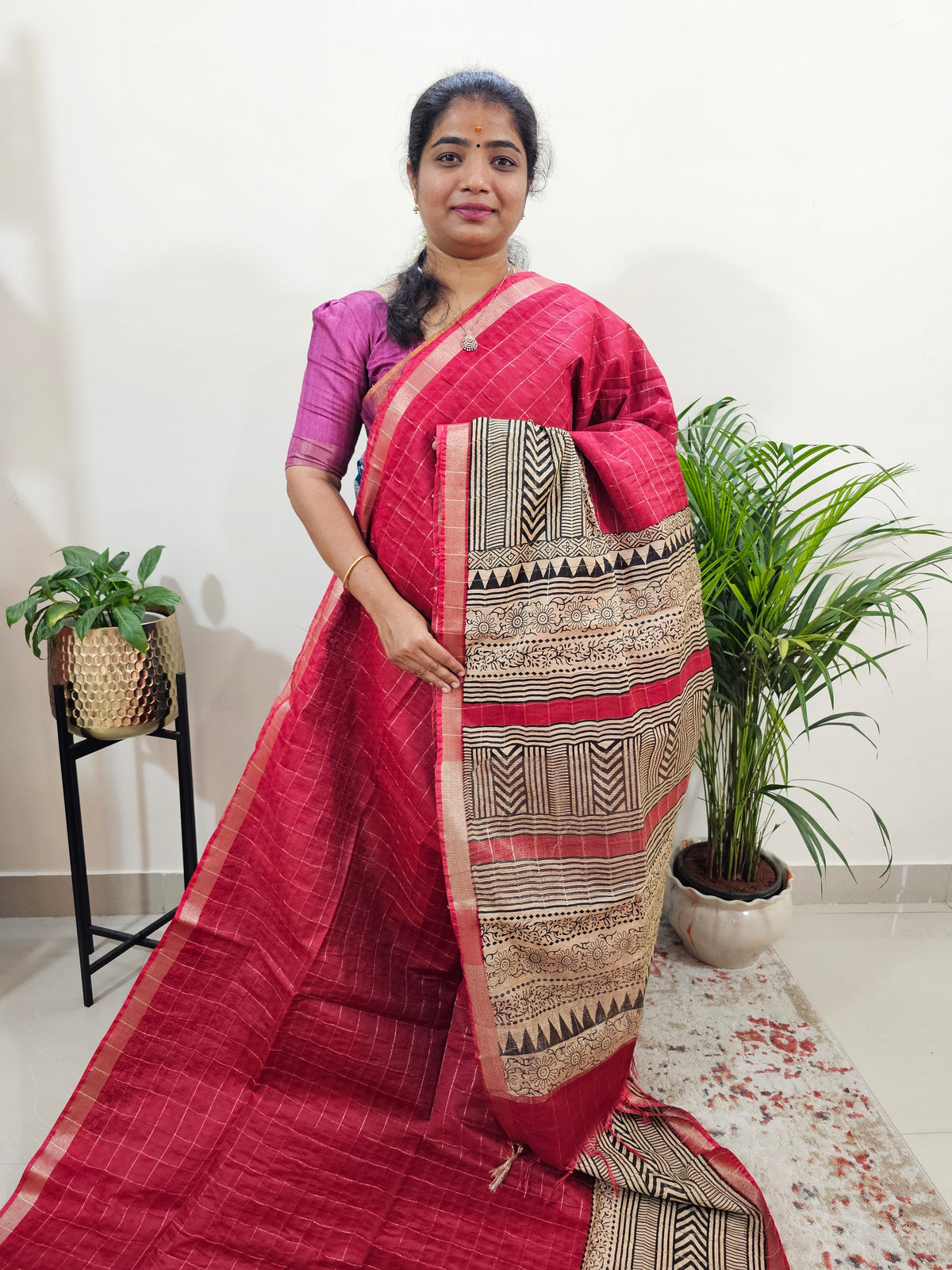 Tussar by Cotton Kalamkari - Red