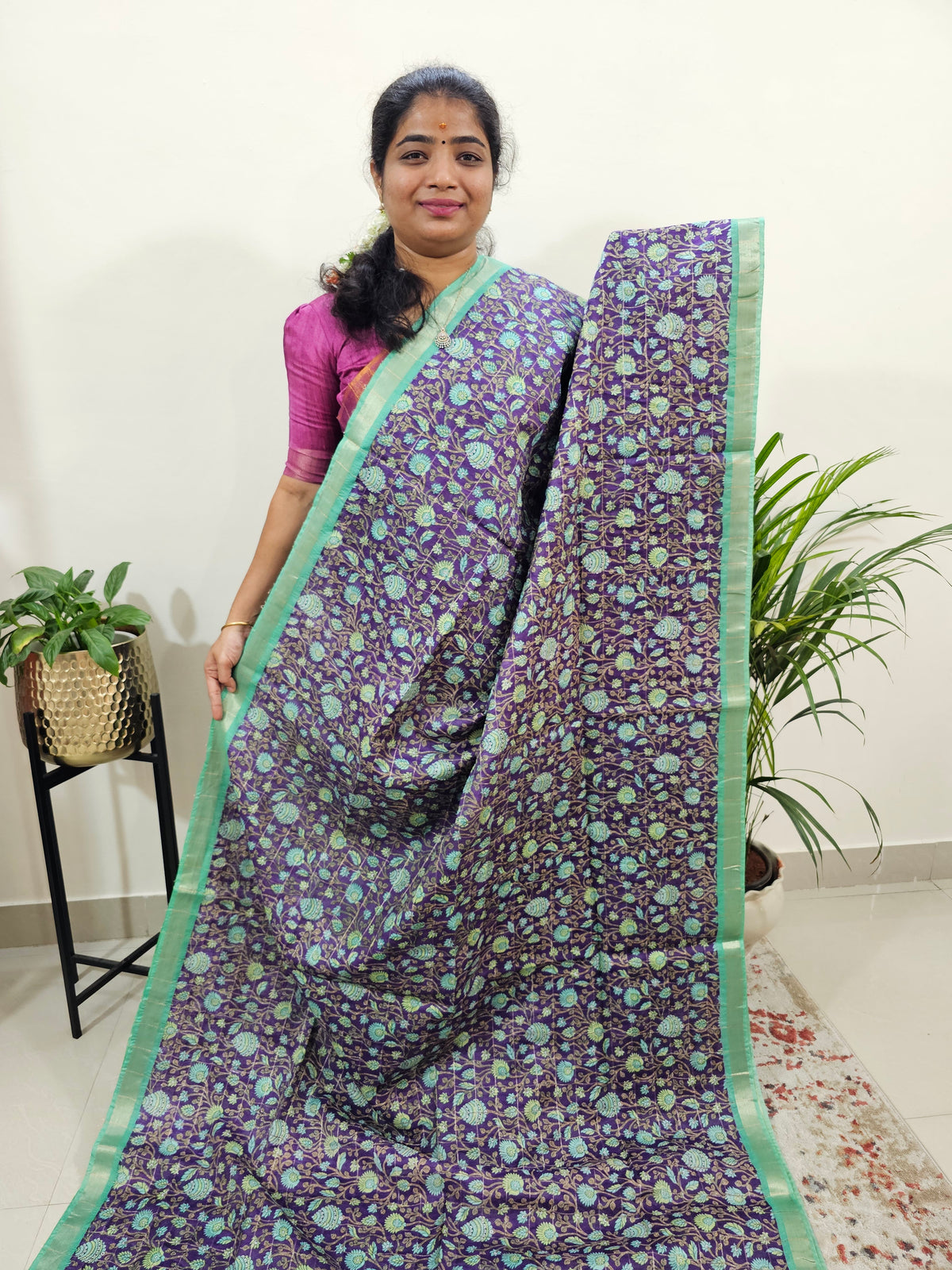 Tussar by Cotton Kalamkari - Violet with Green