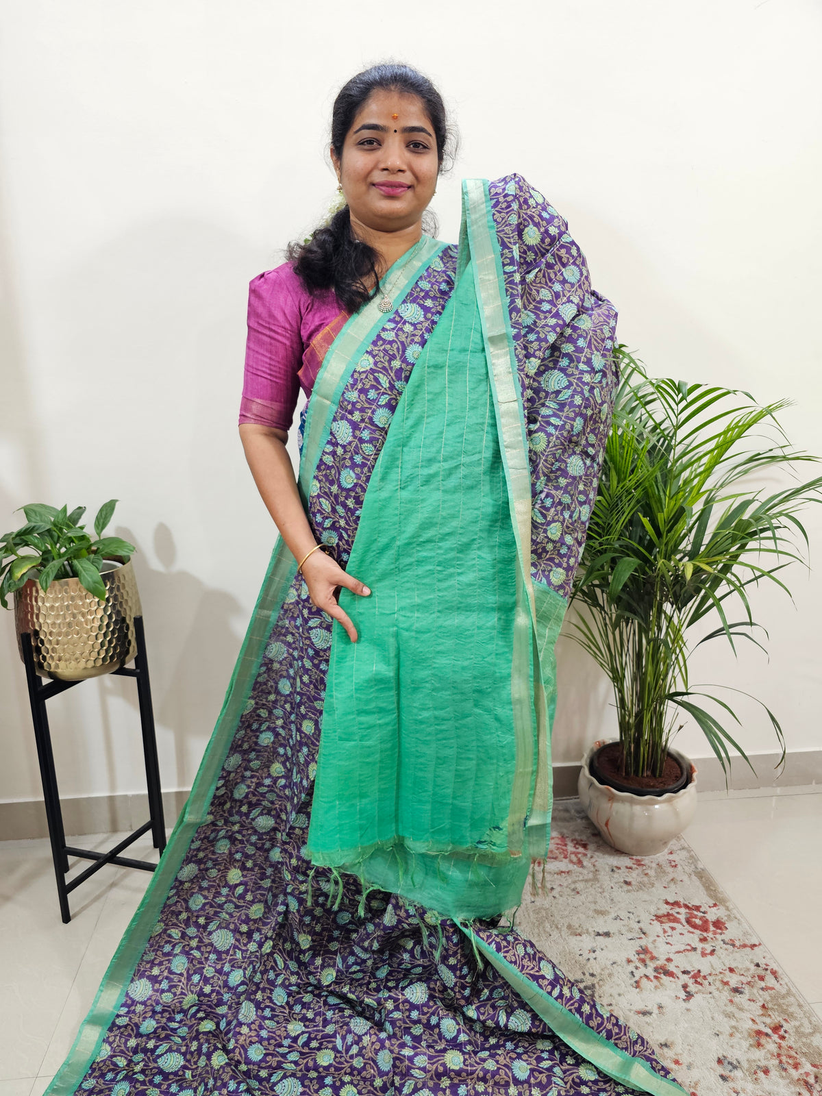 Tussar by Cotton Kalamkari - Violet with Green