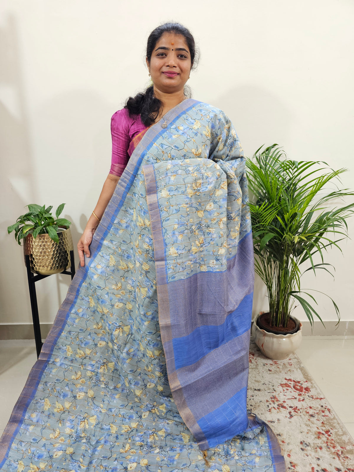 Tussar by Cotton Kalamkari - Grey with Violet