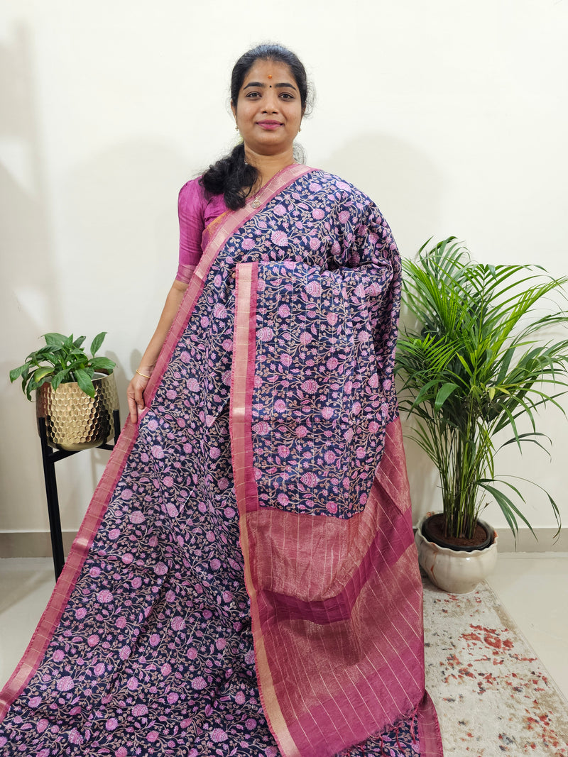 Tussar by Cotton Kalamkari - Blue with Pink