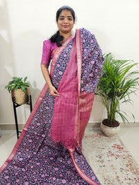 Tussar by Cotton Kalamkari - Blue with Pink