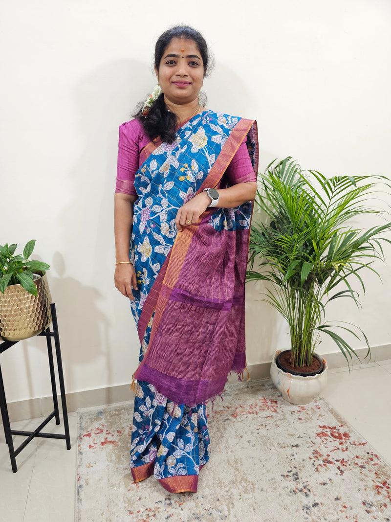 Tussar by Cotton Kalamkari - Peacock Blue with Magenta Pink