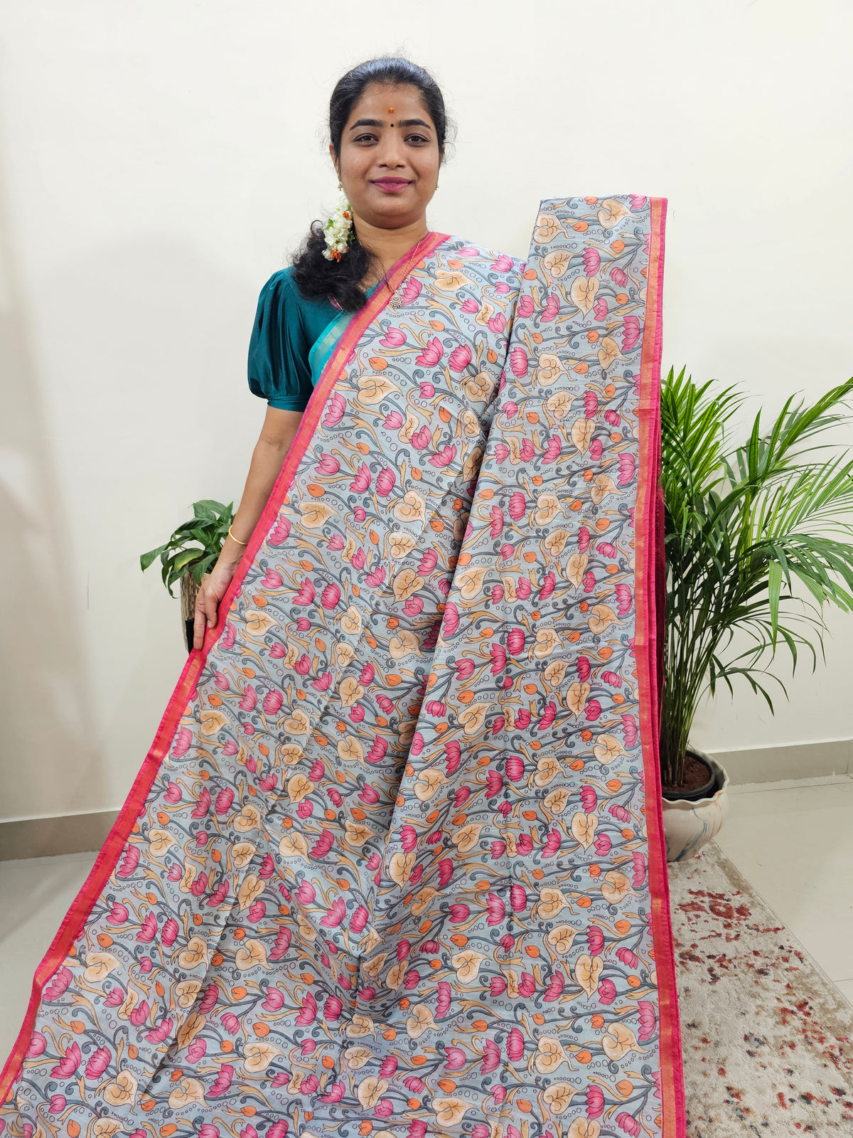 Tussar by Cotton Kalamkari - Grey with Red