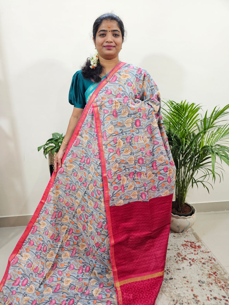 Tussar by Cotton Kalamkari - Grey with Red