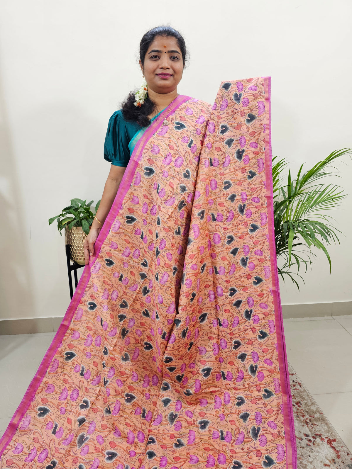 Tussar by Cotton Kalamkari - Peach with Pink