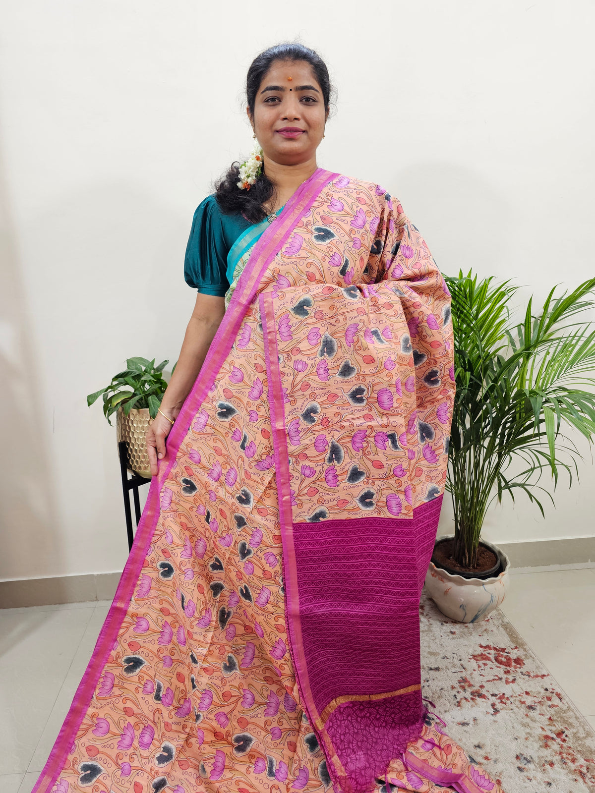 Tussar by Cotton Kalamkari - Peach with Pink