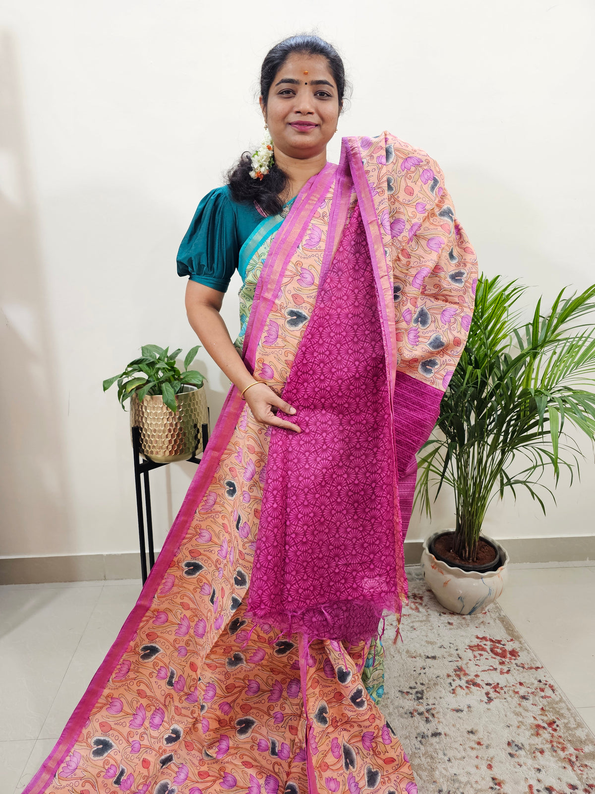 Tussar by Cotton Kalamkari - Peach with Pink