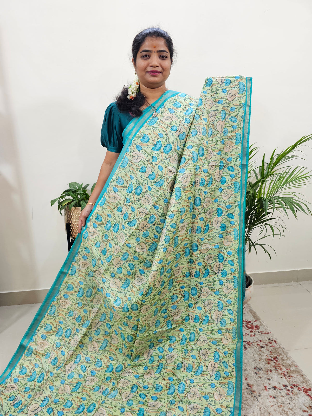 Tussar by Cotton Kalamkari - Green with Sea Green