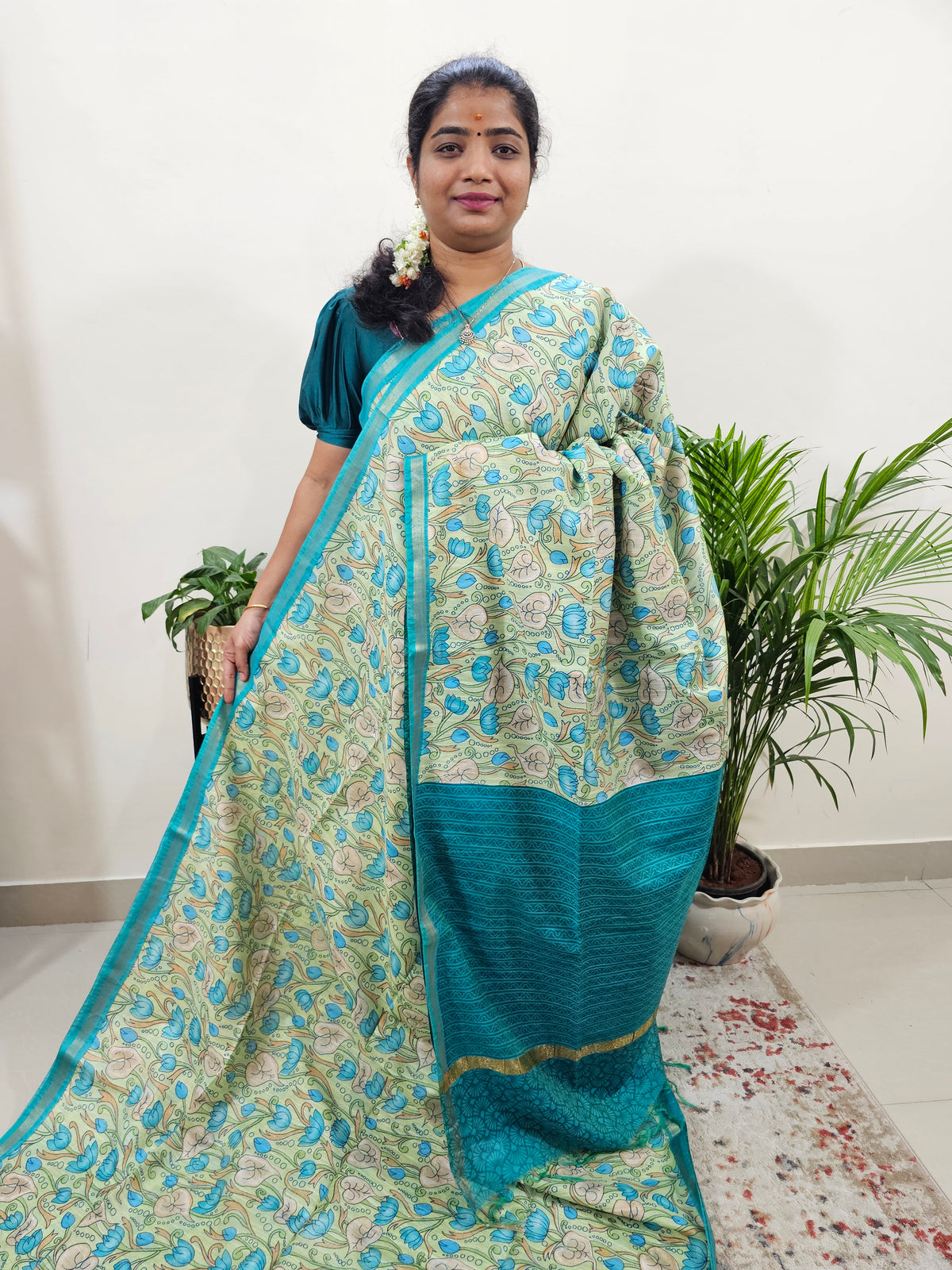 Tussar by Cotton Kalamkari - Green with Sea Green