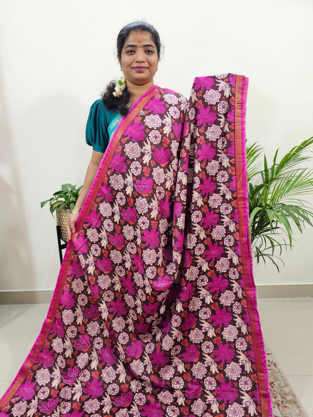 Tussar by Cotton Kalamkari - Brown with Pink