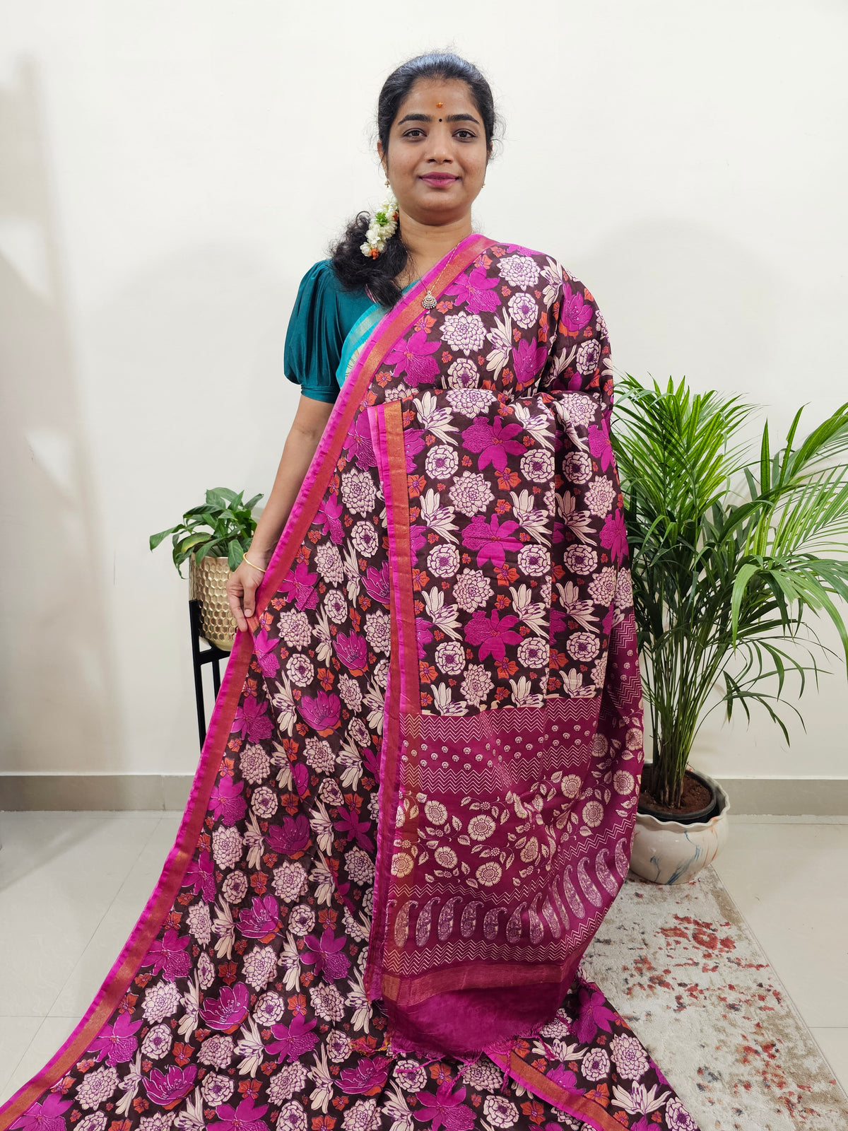 Tussar by Cotton Kalamkari - Brown with Pink