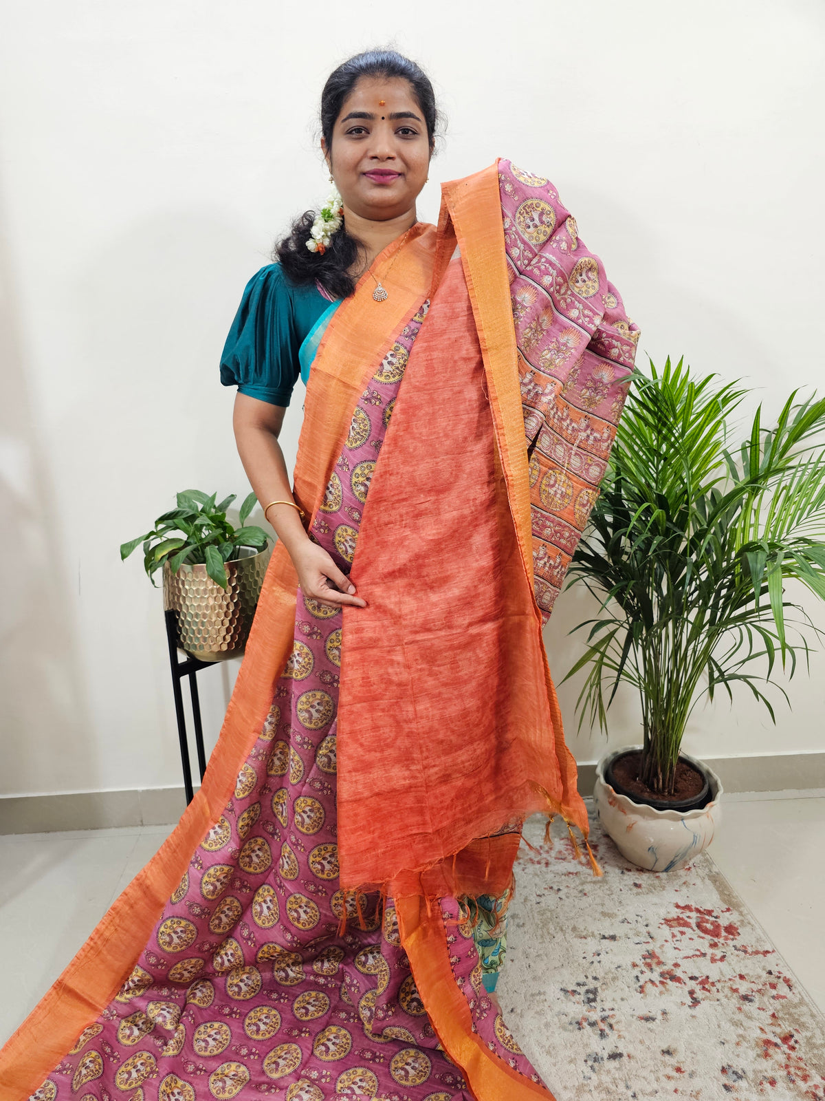 Tussar by Cotton Kalamkari - Pink with Orange