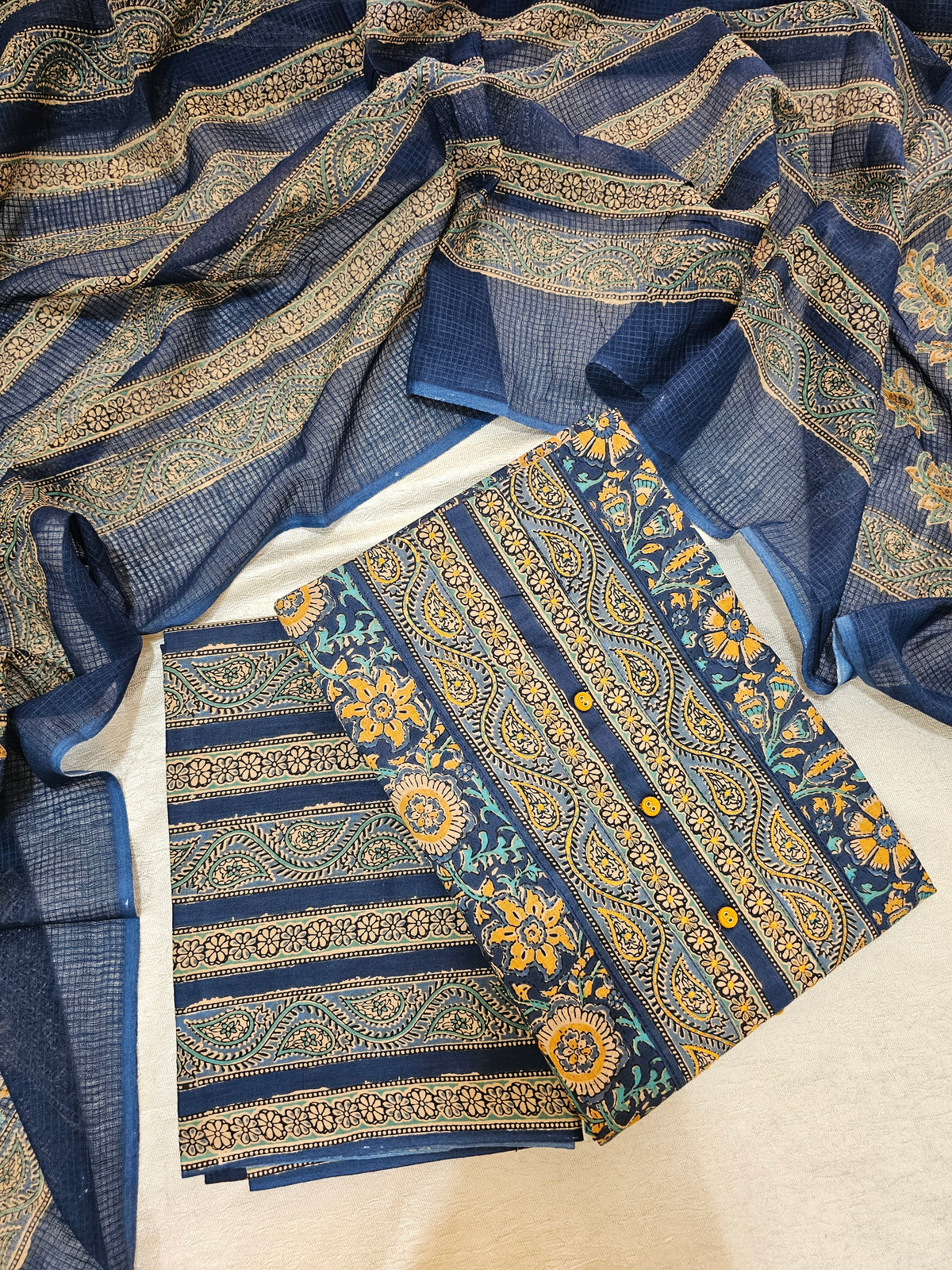 Pure Cotton Kalamkari Unstitched Salwar Suit - Blue