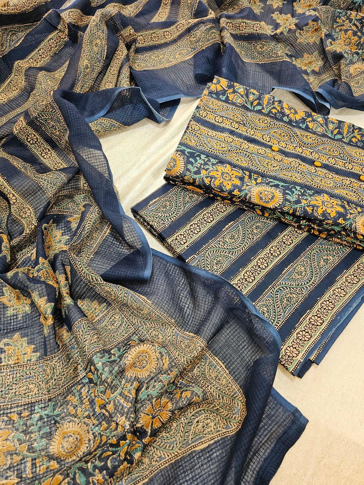 Pure Cotton Kalamkari Unstitched Salwar Suit - Blue