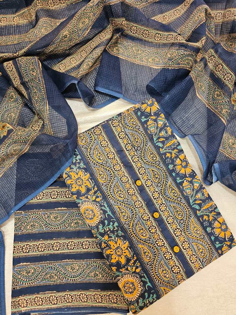 Pure Cotton Kalamkari Unstitched Salwar Suit - Blue